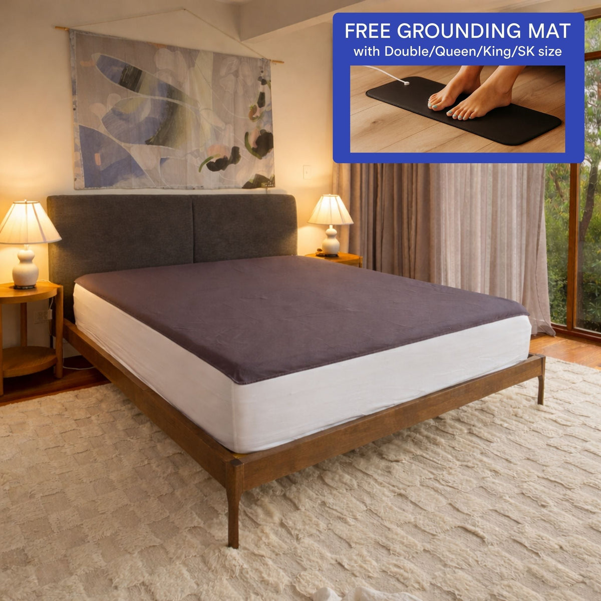 Premium Grounding Sheet on a queen bed, 316L stainless steel and organic cotton